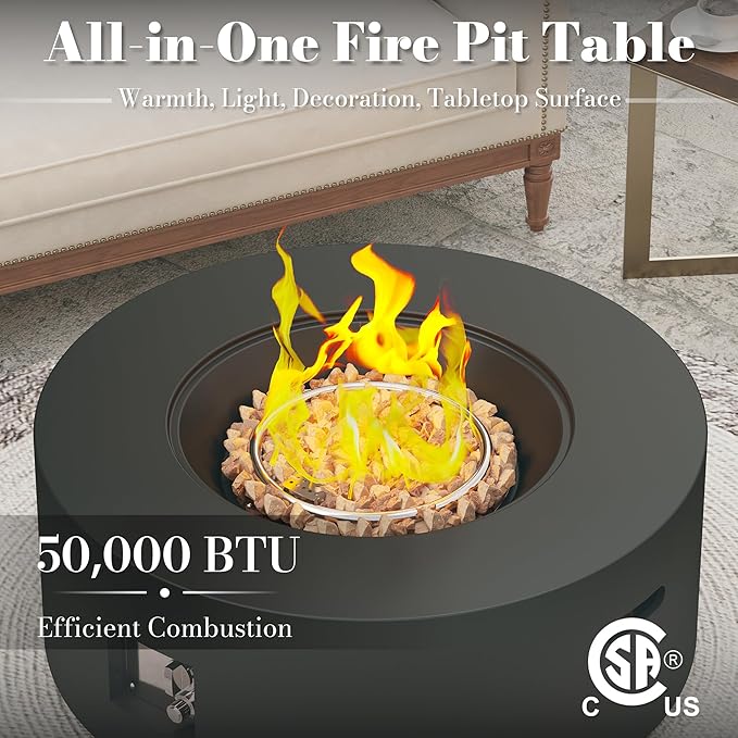 32.5 Inch Propane Fire Pit Table, 50,000 BTU Round Patio Fire Pit Table Outdoor, CSA Certified, Stainless Burner with Steel Lid, Waterproof Cover & Lava Rocks, for Garden Backyard, Black