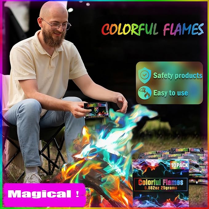 Navona 10Pack Fire Color Changing Packets，Magic Color Fire Packets for Outdoor Campfires, Fire Pits, Fireplaces, Long-Lasting Colorful Flames, Safe Camping Essentials