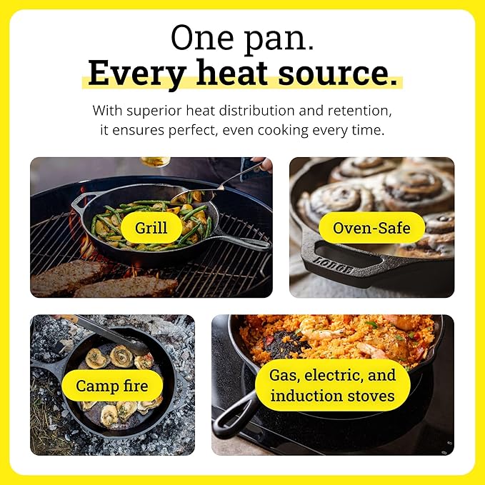Lodge Seasoned Cast Iron Skillet - PFAS-Free, Non-Toxic Cookware - Use with an Oven, Stove, Grill, or Campfire - Naturally Non-Stick & Oven Safe - 13.25 Inches