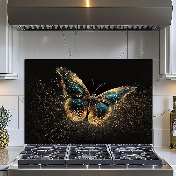Evgosm Tempered Glass Backsplash for Kitchen， Stove Splashback, Butterfly Glass Backsplash, Used for Kitchen Wall Protection and Decoration, Easy to Install and Clean. (30x20'')