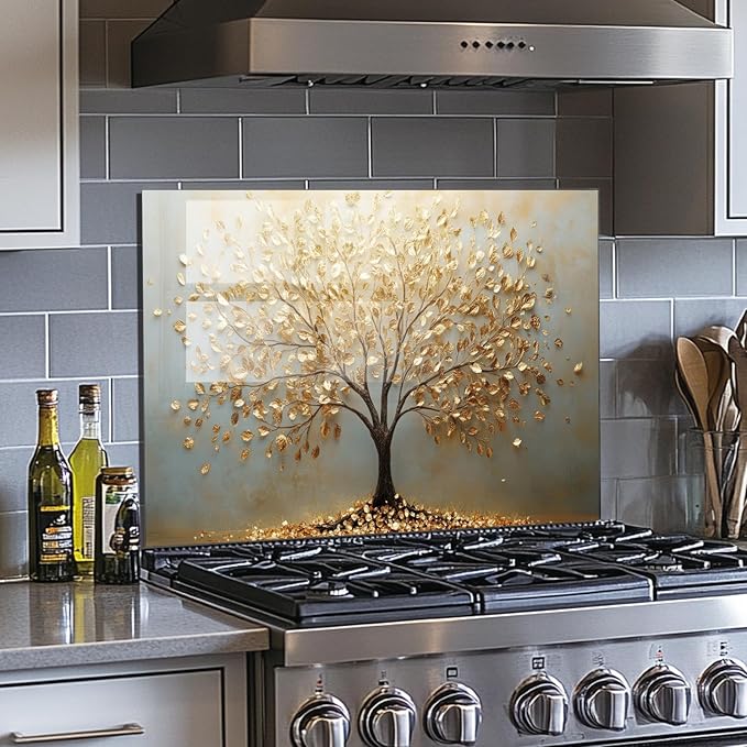 Evgosm tempered glass backsplash, Tree of Life Splashback, Glass Backsplash, Used for Kitchen Wall Protection and Decoration, Easy to Install and Clean. (30x14'')