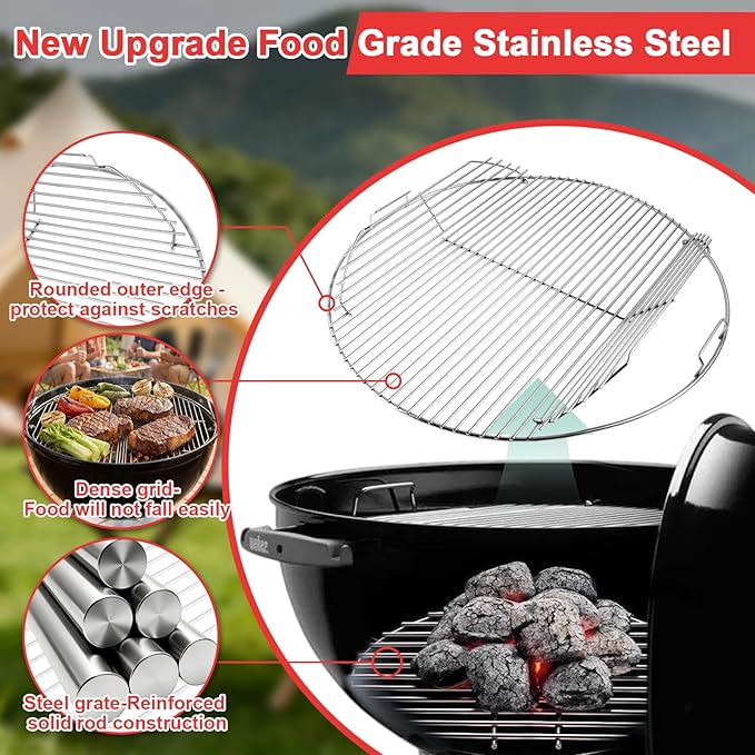 7436 Cooking Grate & 7441 Charcoal Grate Kit for Weber 22/22.5'' Kettle Charcoal Grill, 304 Stainless Steel Grill Grates for One-Touch, Master-Touch, Bar-B-Kettle, Performer, Series Grills Accessories