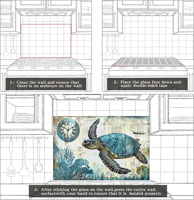 fzxwyishu Beach turtle Tempered Glass Kitchen Backsplash, Stove Back Top Cover, Splashback Tile, Kitchen Sink Cover Splash Guard, Home Kitchen Decor (30"x18"(76.2x45.72cm))