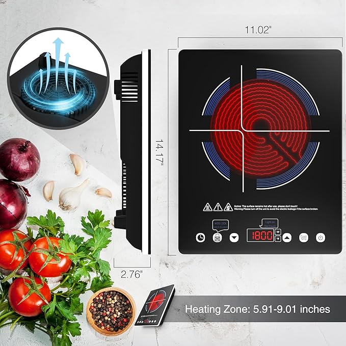GIHETKUT Electric Cooktop Single Burner, 1800W Electric Stove Top with Touch Control, 9 Power Levels, Kids Safety Lock & Timer, Overheat Protection,110V Induction Cooktop