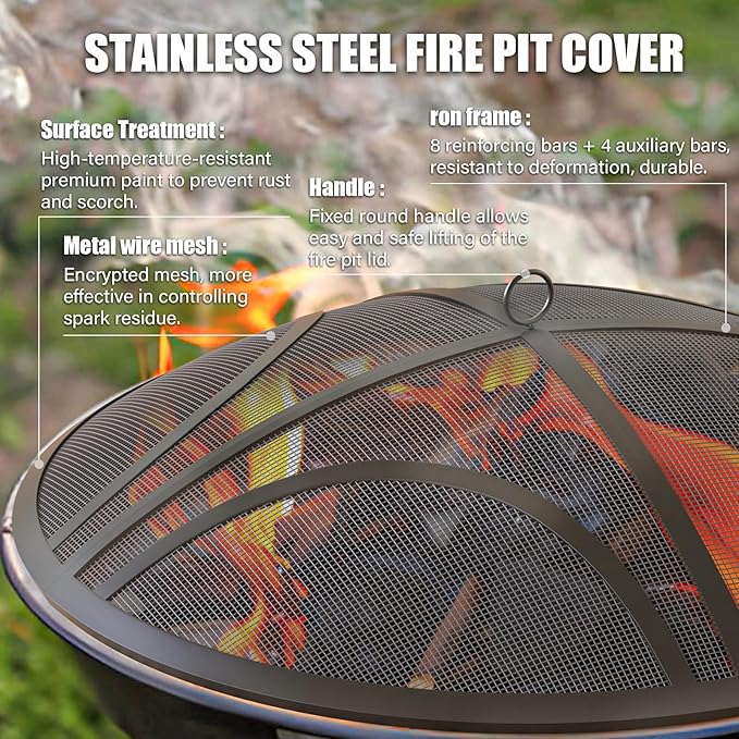 Fire Pit Spark Screen, 30 Inch Outdoor Fire Pit Screen with Handle & Poker, Heavy-Duty Steel Fire Pit Cover Round Mesh Replacement Firepit Screen for Backyard/Beach/RV Camping