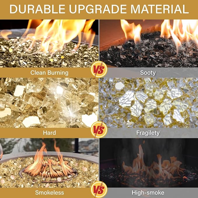 NUPICK 10 Pound Fire Glass for Pit, 1/2 Inch Tempered Reflective Glass for Propane & Gas Fireplace, Gold Rock