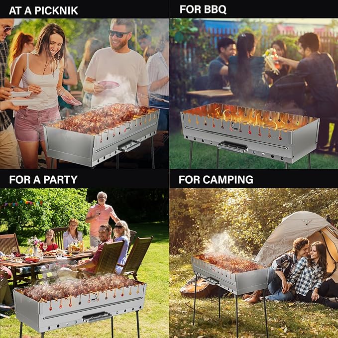 Stainless Steel Charcoal Grill for 12 Skewers – Portable BBQ 24.80"×9.45"×24.80" – Foldable Kabob Mangal – Heavy-Duty Rustproof Grill for Outdoor (Skewers Not Included)