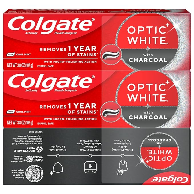Colgate Optic White with Charcoal Teeth Whitening Toothpaste, Anticavity Toothpaste with Fluoride, Cool Mint Flavor, 3 Pack, 3.8 OZ