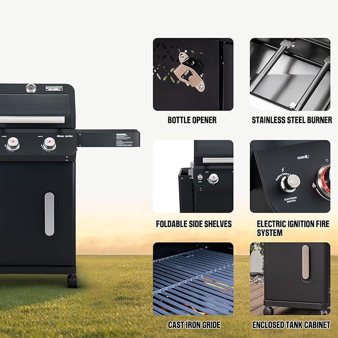 Monument Grills 2-Burner Foldable Stainless Steel Liquid Propane Gas Patio Garden Barbecue Grill with Clearview® Lid, Knob Control Mesa220 with BBQ Cover