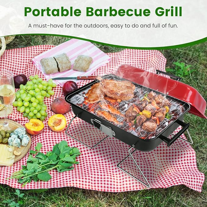 Portable BBQ Grill, Foldable Charcoal Grill Lightweight Smoker Grill for Outdoor Cooking Camping Hiking Picnics Tailgating Backpacking Party (Mini grill with lid(20x11x12"))