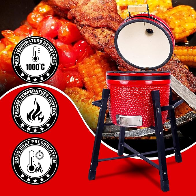 London Sunshine Ceramic Kamado Charcoal BBQ Grill and Smoker, Stainless Steel Grates -15" Ceramic with Tall Stand (RED)