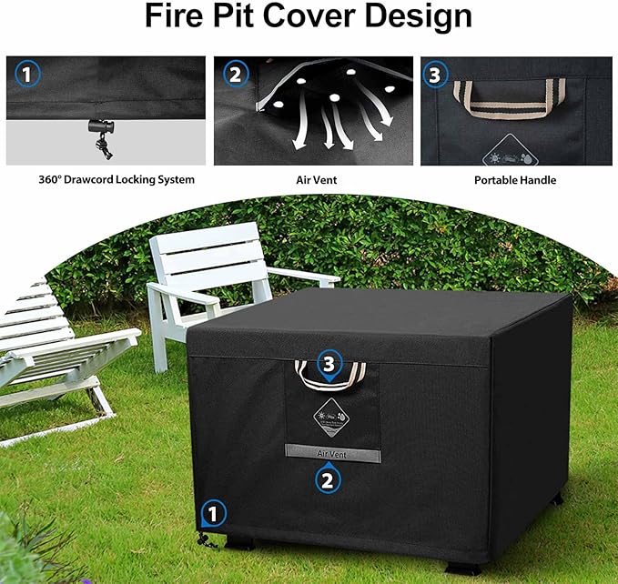 QH.HOME Fire Pit Cover Square Super Waterproof, 36" L x 36" W x 20" H Outdoor Firepit Table Cover 600D Strong Tear Resistant, UPF 50+ Fire Pit Cover Fading Resistant for Square Fire Pit - Black