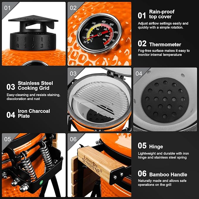 London Sunshine 15-inch Ceramic Kamado Charcoal BBQ Grill & Smoker with Locking Casters, Foldable Side Shelves, Stainless Steel Grates, and Tall Stand (Orange)