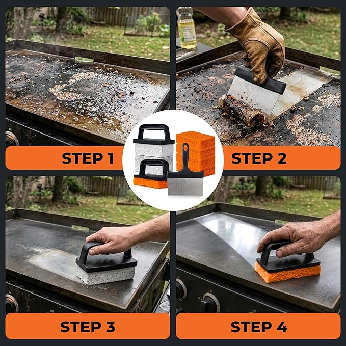 10-Piece Griddle Cleaning Kit for Blackstone, Flat Top Grill | Stainless Steel Scraper, 2 Cleaning Bricks, 5 Scouring Pads & 2 Ergonomic Handles | Grill Cleaning kit for Easy Restoration