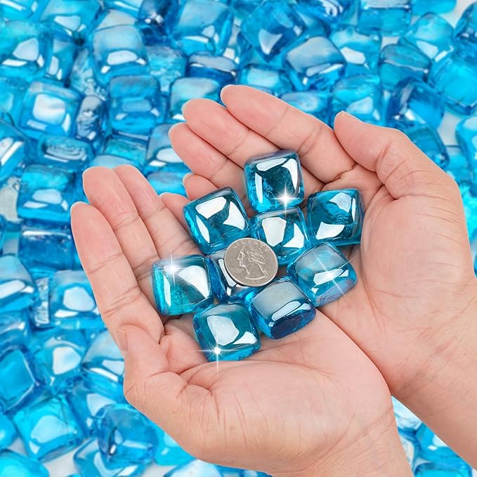 Mr. Fireglass 1 inch Fire Glass Cubes for Fireplace Fire Pit and Landscaping, 10 lb High Luster Caribbean Blue