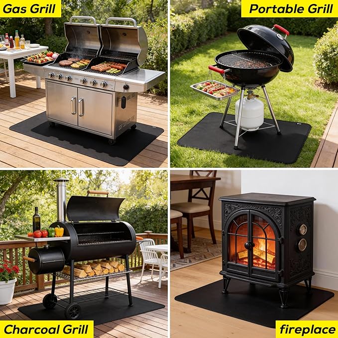FLASLD Under BBQ Mat, 48x65 inches Extra-Large Under Grill Mats for Outdoor Grill, Double-Sided Fireproof Protective Mat, Oilproof Waterproof BBQ Fire Pit Fireplace Mat
