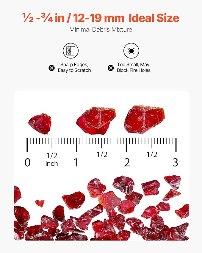 VEVOR Fire Glass, 10 lbs, Red, 3/4 Inch High-Temperature Resistant Reflective Glass Rocks, Smokeless Fire Pit Stones for Outdoor Table & Landscaping