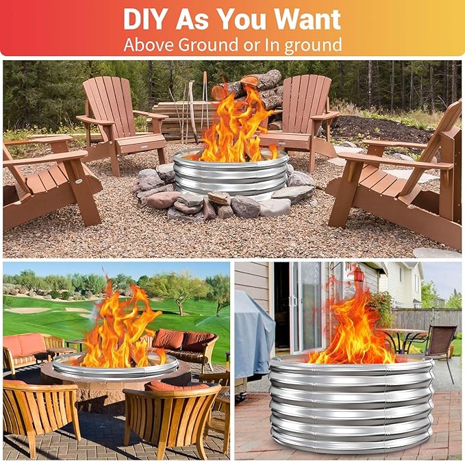 39 Inch Fire Pit Ring for Outside, 17'' Tall Heavy Duty Firepit,Wood Burning, DIY In Ground or Above-Ground, Outdoor Heavy Duty Galvanized Steel Fire Pits for Backyard Bonfire, Patio & Camping