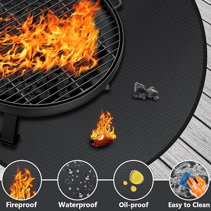 Protebox 36'' Fire Pit Mat for Solo Stove Bonfire, Round Fireproof Under Grill Mat, Oil-Proof Waterproof BBQ Pad for Deck Patio Grass Outdoor Grill Accessories, Portable and Reusable, Glossy Black