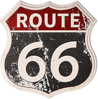 HANTAJANSS Vintage-Style Route 66 Metal Sign - Retro Road Wall Art for Man Cave/Garage/Bedroom - 12x12-Inch Durable Stainless Steel Sign with Pre-Drilled Holes & Nameplate Slot
