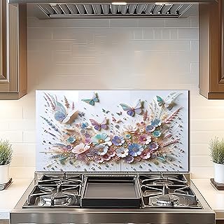 DAIFURONGE Tempered Glass Backsplash for Kitchen, Butterfly Flower Design Stove Backsplash Panel, Easy to Clean, Wall Decor, (Art Deco 1, 30"x16"(76.2x40.64cm)