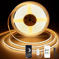 COB LED Strip Light 2700K, 24ft Dimmable Warm White LED Strip Light, CRI92+, DC24V Tape Light with RF Remote Timer Function, Bluetooth App Control for Home Bedroom Kitchen DIY Lighting.