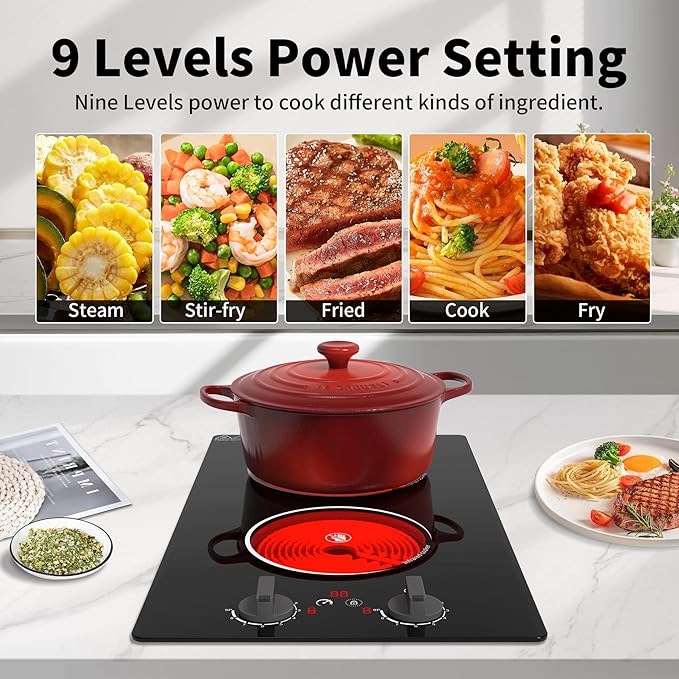 GIHETKUT Electric Cooktop,110V 2100W Stove top,Countertop and Built-in 2 burner cooktop,9-speed power, child safety lock, timer, knob and touch control 2 burner Electric cooktop
