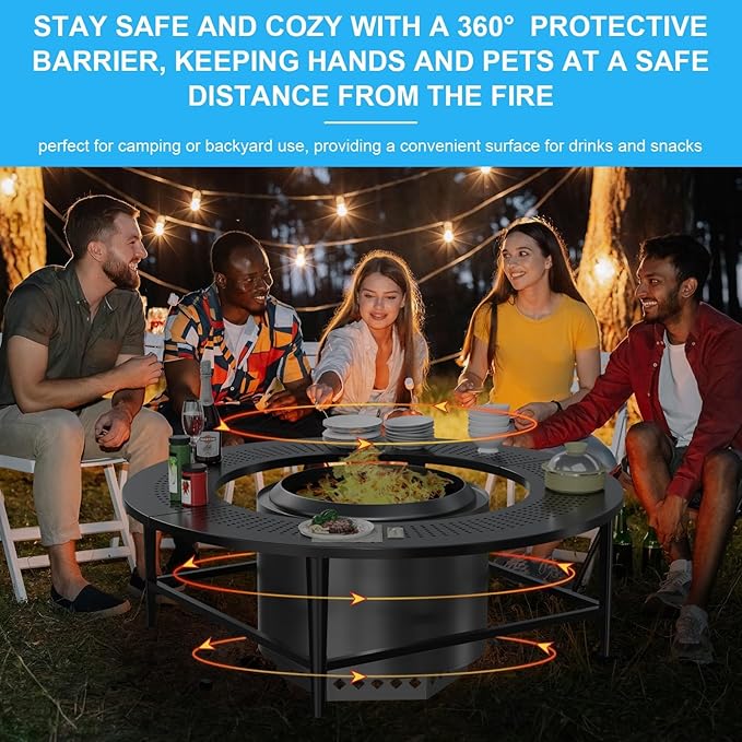 LS'BABQ 40" Fire Pit Surround Tabletop with Waterproof Cover for Solo Stove Bonfire & Ranger, Round Outdoor Fire Pit Table for Most Wood-Burning Stoves Under 22" Dia for Camping, Powder-Coated Steel