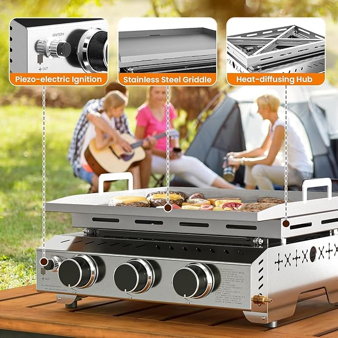COWSAR 3-Burner Portable Tabletop Grill, 24000 BTU Stainless Steel Non-Stick Outdoor Portable Propane Griddle for Camping RV Backyard BBQ