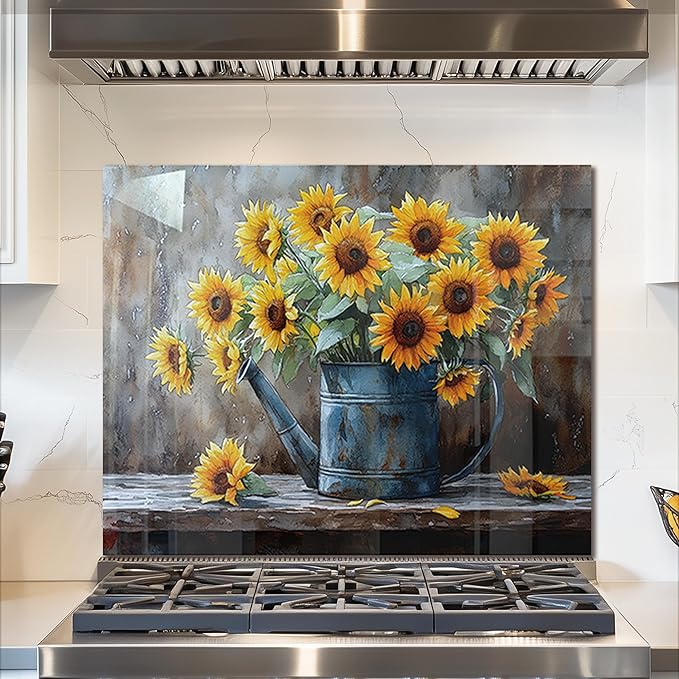 fzxwyishu Tempered Glass Backsplash for Kitchen,Stove Splashback Protector Sunflower Design | Heat-Resistant Splash Board, Kitchen Wall Decoration