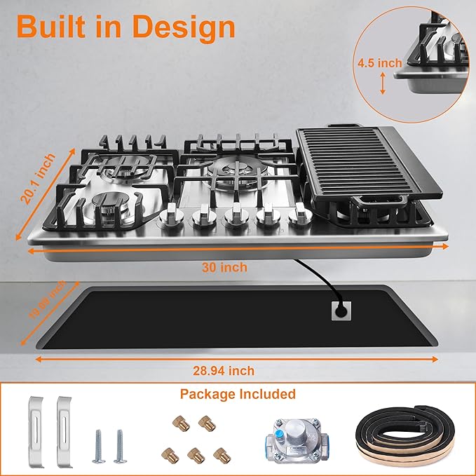 30 Inch Bulit-In Gas Cooktop with Griddle, 5 Italy SABAF Powerful Burners Over 92% High Efficiency, Max 48300BTU Gas Stove Top, 304 Stainless Steel Panel, NG/LPG Convertible, CSA Certified