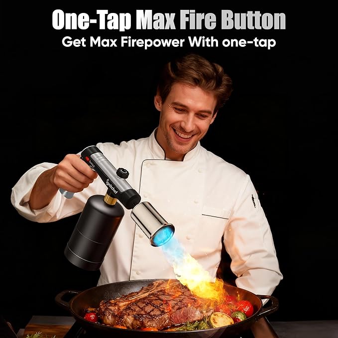 Propane Torch Gun with One-Touch Max Fire, Kitchen Blow Torch with a Safety Lock for Sous Vide Searing Steak, Grill, Charcoal Starter, Campfire (Propane Tank Not Included)
