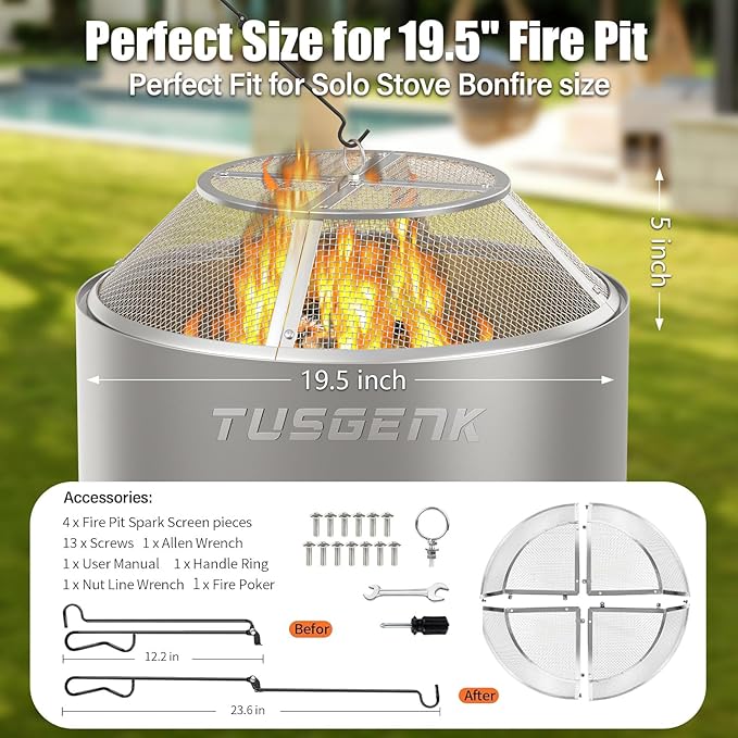 Fire Pit Spark Screen for Solo Stove Bonfire Accessories, 19.5 Inch Bonfire Shield for Solo Stove Accessories, 304 Stainless Steel Detachable Mesh Fire Pit Spark Protector with Grill Function