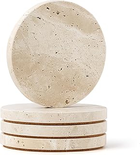 Natural Travertine Marble Coasters Set of 4-4" Round Stone Drink Coasters, Non-Slip Cork Backing, Housewarming Gift, Wedding, Protect Tables from Stains & Scratches (BD140)