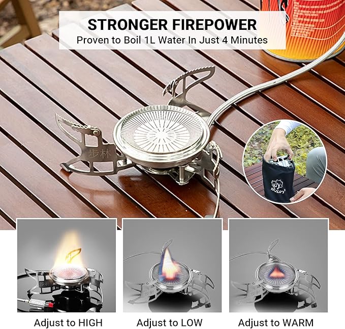 Bulin Camping Stove Backpacking Stove Portable Gas Stove with Piezo Ignition. 3800W Foldable Lightweight Cookware Outdoor Stove with Fuel Canister Adapter, Burner Kit for Camping Hiking Cooking