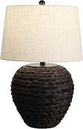JONATHAN Y 24.5" Black Water Hyacinth Farmhouse Basket Table Lamp, Coastal Decor for Living Room Bedroom Nightstand, Light Gray Linen Shade, LED Bulb Included (JYL6501D)