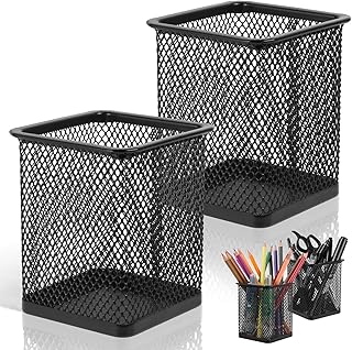 2 Pack Square Metal Pen Holder for Desk, 3.15 x 3.74 IN Pen Cups, Pencil Holder Workspace Organizers for School Office- Desk Accessories & Storage, Black