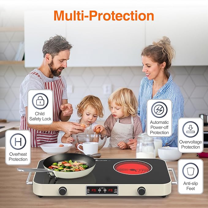 GIHETKUT Electric Cooktop, 2200W 110V Electric burner, Electric Stove Top with 2 Handle, 2 Burner Electric Cooktop with 9 Power Settings,Knob Control Child Safety Lock & Timer.