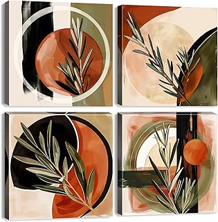 Burnt Orange Wall Art Boho Pictures Wall Decor Living Room Bedroom Vintage Abstract Geometric Canvas Paintings Minimalist Botanical Plant Posters Bohemian Modern Artwork Home Decorations 12x12 4Pcs