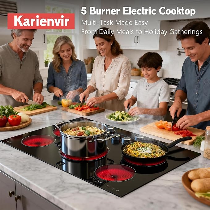 30 Inch Electric Cooktop Karienvir, 5 Burner Cooktop 8500W Built-in Electric Stove Top, Anti-slip Knob & Touch Control, Dual-Ring Burner, 30" Safety Lock, Timer, 220V Hardwired
