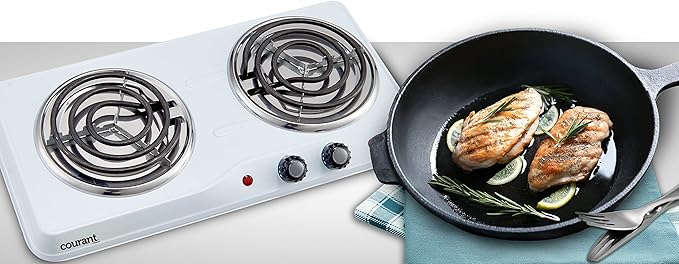 Courant Double Burner, 1700W Hot-Plate, White Countertop Burner, Portable Electric Cooktop, White, CEB2183W