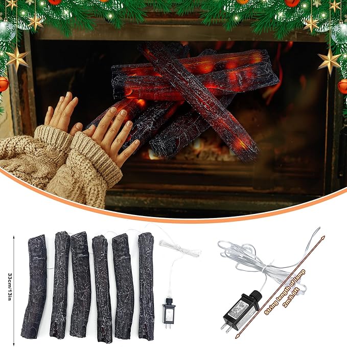 Tuanse 6 Pcs 13 in Flameless Fake Fire Log Spring Summer Beach Camping Themed Party Decorations Fake Campfire Battery Operated Artificial Fire Pit for 4th of July Easter Party Decor