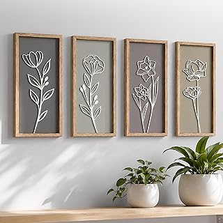 3D Wooden Floral Bathroom Wall Decor (Set of 4) Lightweight, Ready-to-Hang Framed Wall Art For Living Room, Bedroom, or Office - Premium Boho Botanical Farmhouse Decorations - Gift-Boxed