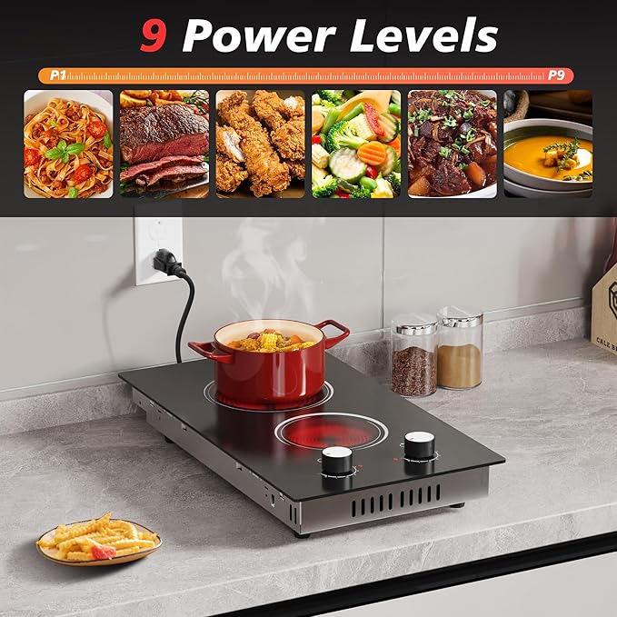 Electric Cooktop 2 Burner, 110V Electric Stove Top 2000W with Knob Control, 12 Inch Electric Radiant Cooktop Countertop & Built-in, Residual Heat Indicator, Over-Heat Protection, Plug in