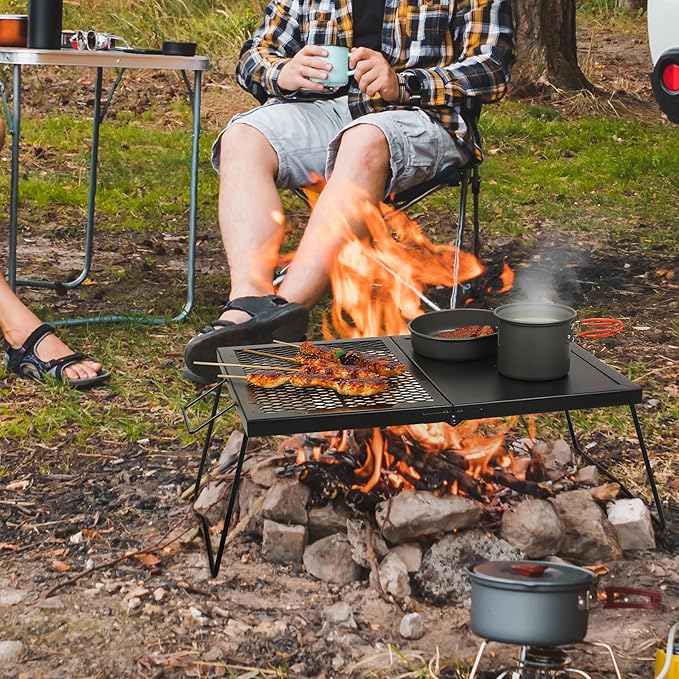 REDCAMP Folding Campfire Grill, Heavy Duty Steel Mesh Grate, 23.6" Portable Camping Grates Over Fire Pit, Campfire Cook Equipment with Legs Carrying Bag, Grilling Rack for Outdoor Open Flame Cooking