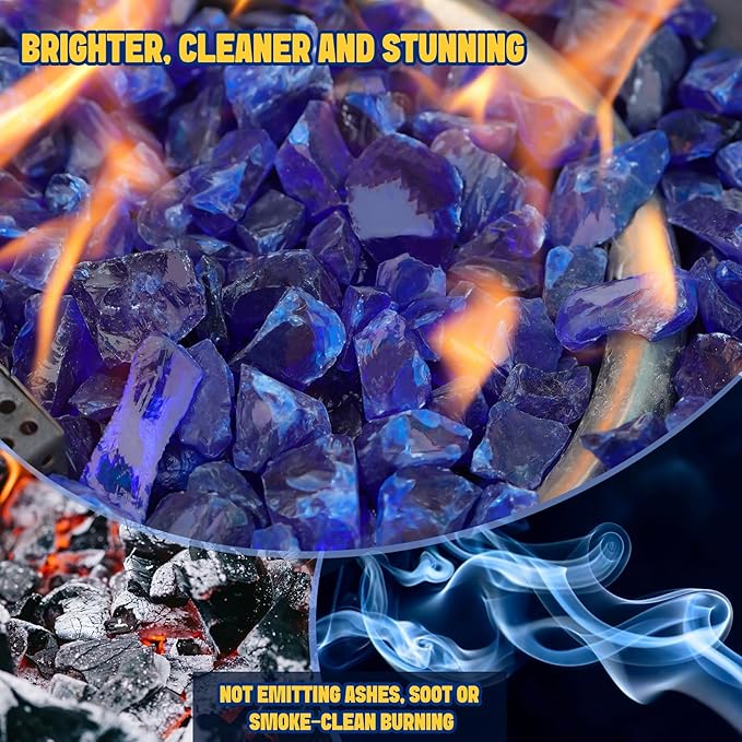 Mr. Fireglass Crushed Fire Glass for Natural or Propane Fire Pit, 10 Pounds Decorative Recycled Fireplace Glass Rocks for Fire Pit Fireplace and Landscaping, High Luster Cobalt Blue