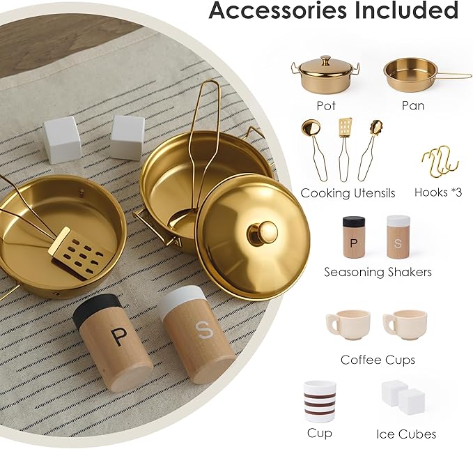 Kids Wooden Play Kitchen Set – Realistic Pretend Play Kitchen with Stove, Sink, Coffee Maker, Ice Maker & 15 Fun Accessories | Montessori-Inspired Toy Kitchen for Toddlers Ages 3+
