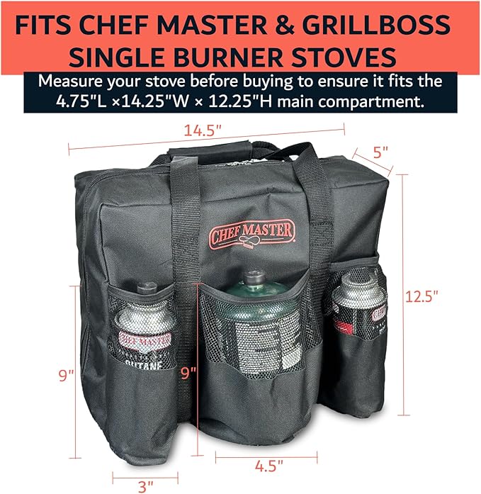 Chef Master Camp Stove Carry Bag - Multi-Pocket for Camp Stove & Butane/Propane Fuel Canisters - Fits Most Portable Gas Stoves - Rugged Camping Accessories - 90800