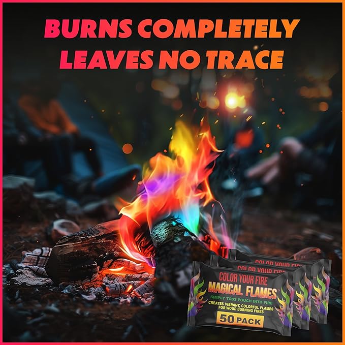 Magical Flames Fire Color Packets (50 Pack), Vibrant Multi-Color Fire for Fire Pits, Campfires, Bonfires & Fireplaces - Camping Essentials & Outdoor Party Accessories