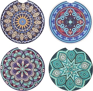 Vaincre 4 Pack 2.56" Car Coasters for Drinks Absorbent, Mandala Ceramic Cup Holder Coaster for Your Car with Fingertip Grip, Removable Cute Auto Accessories, Keep Vehicle Clean for Women & Girls